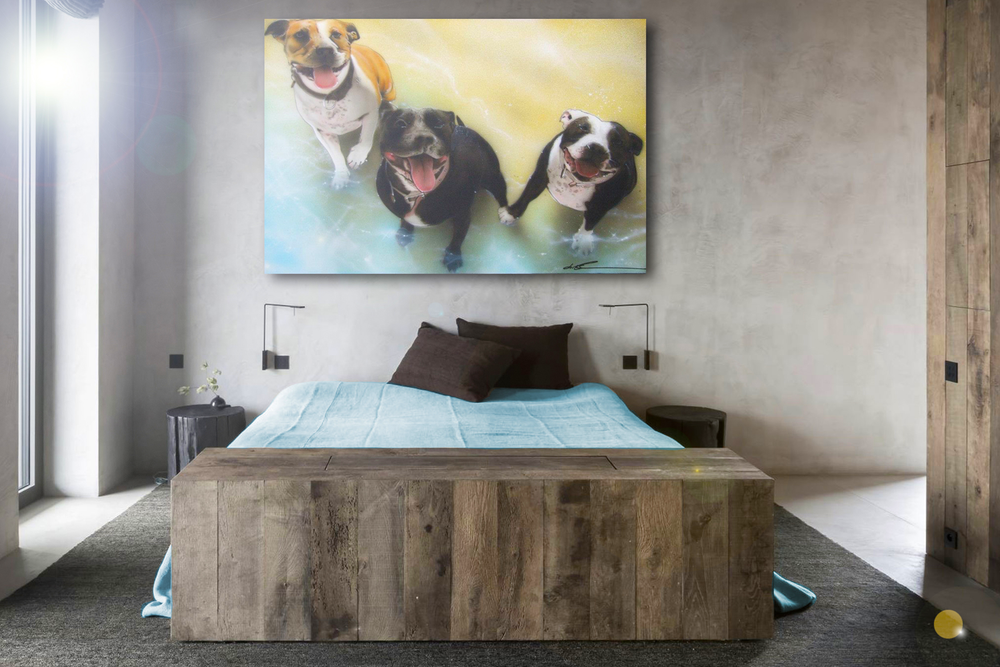 A detailed custom pet portrait of three smiling dogs on the beach